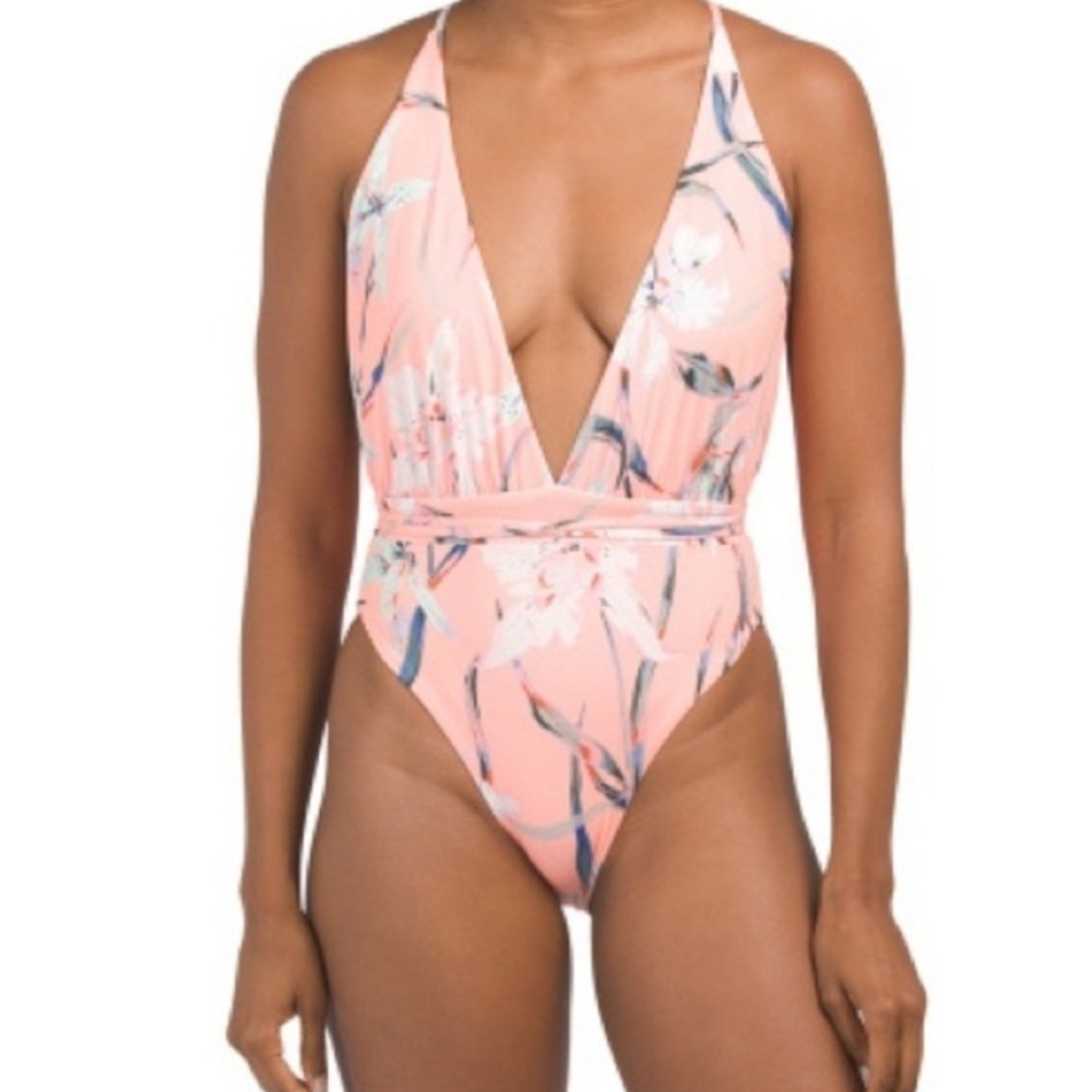 Maaji Reversible Floral Plunge Coral Peach Swimsuit NEW